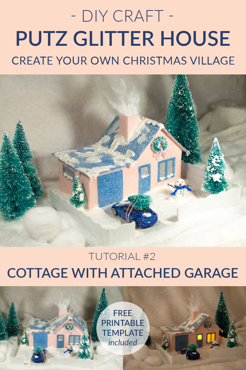DIY Craft Tutorial 2 Cardboard Christmas Village Putz Glitter House Cottage with Attached Garage Montage