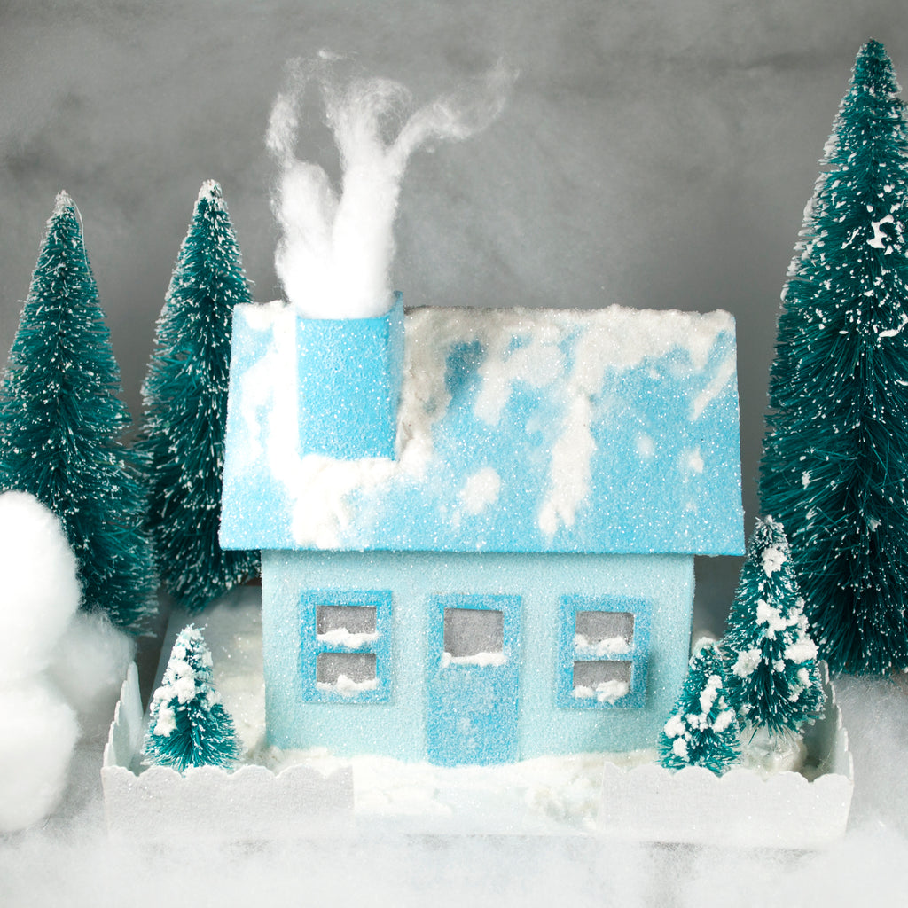DIY Craft Tutorial Cardboard Christmas Village Putz Glitter House Simple Cottage Front View