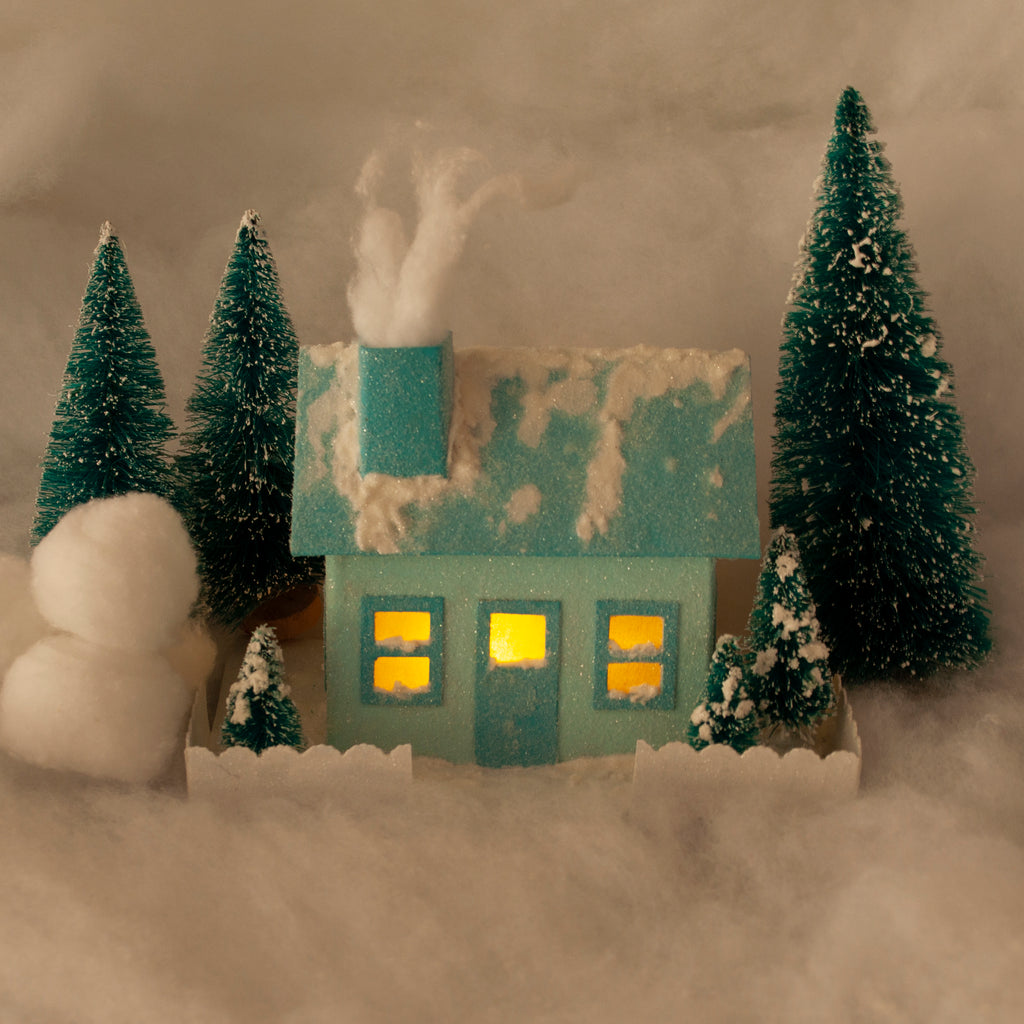 DIY Craft Tutorial Cardboard Christmas Village Putz Glitter House Simple Cottage Illuminated Light View