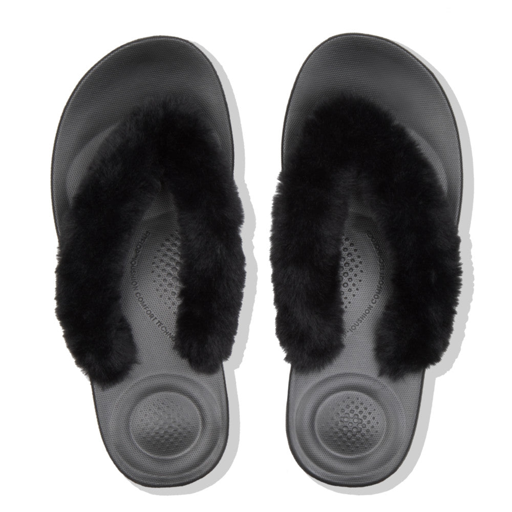 black fluffy flip flops