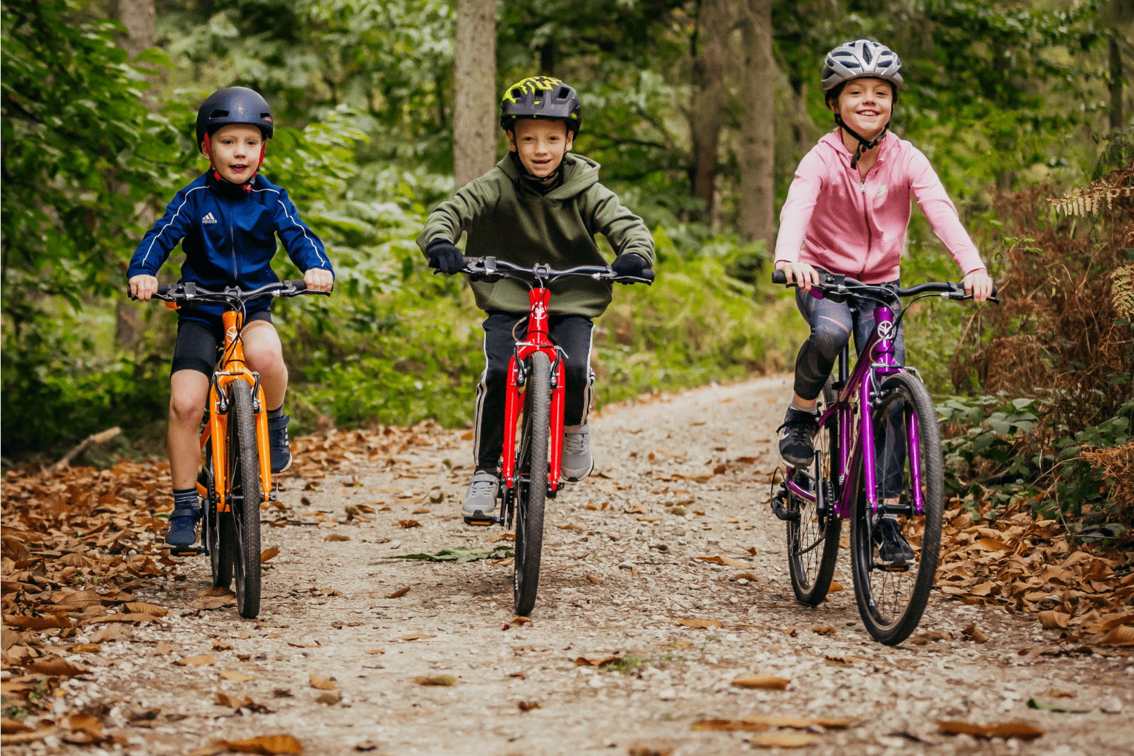 three children on bikes in forest - bike club