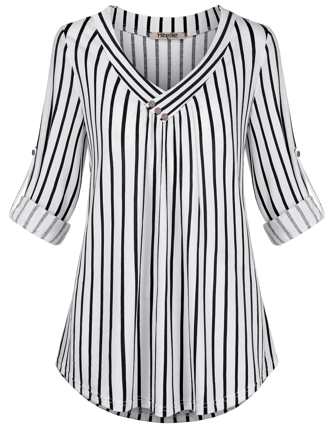 Roll-up Long Sleeve V-Neck Casual Flowy Tunic Blouse