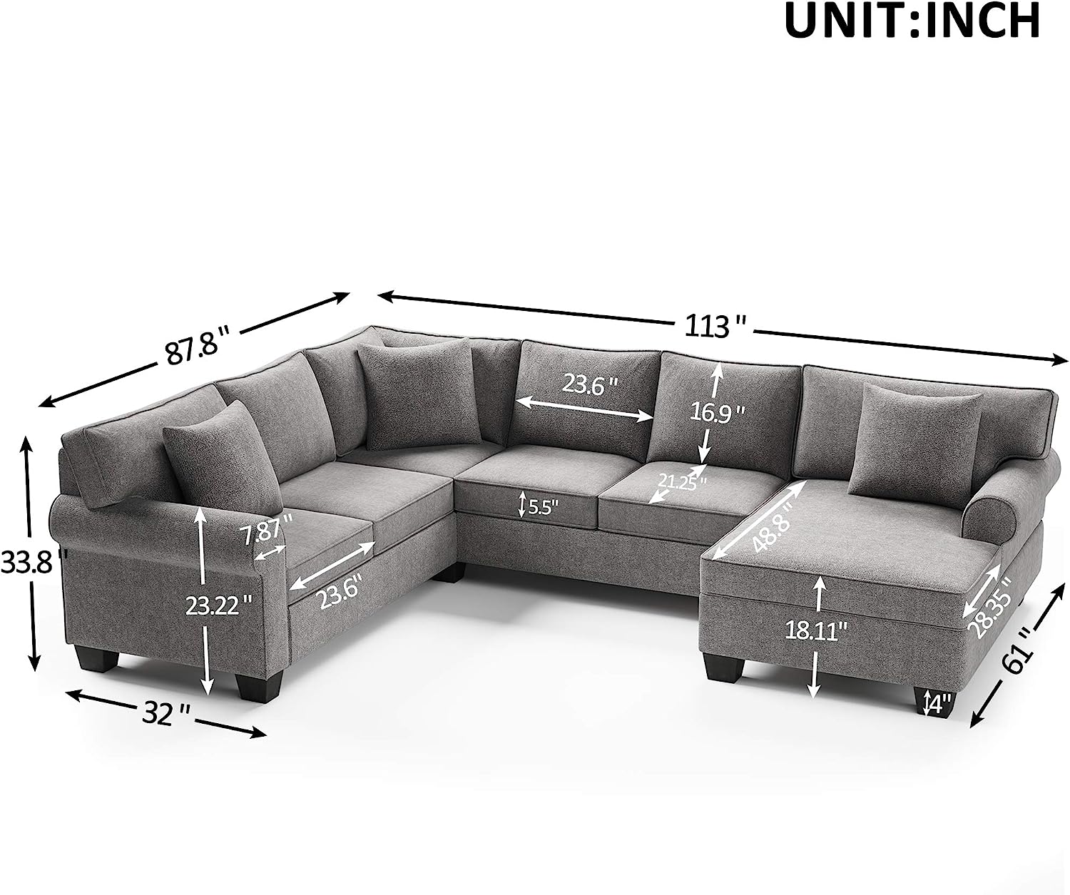 U Shape Sofa Set: 113" Wide Symmetrical Corner Sectional 7 Seater Sofa
