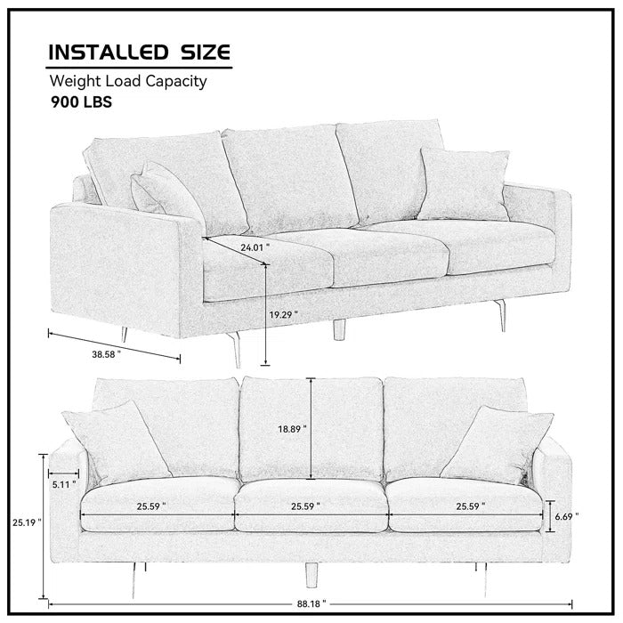 3 Seater Sofa Set: Modern Three Seat Sofa Couch With 2 Pillows