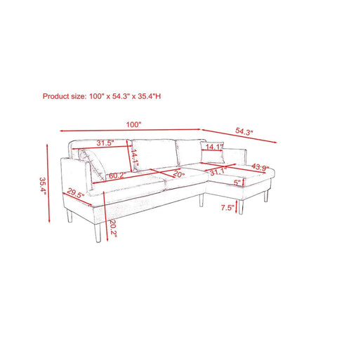 4 Seater Sofa Set: 100'' Velvet Square Arm L Shaped Modular Sofa