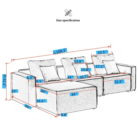 4 Seater Sofa Set: 108.3'' Linen Square Arm L Shape Sofa Chaise