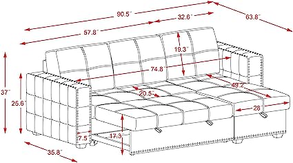 4 Seater Sofa Set : 91'' Square Arm Sofa Bed