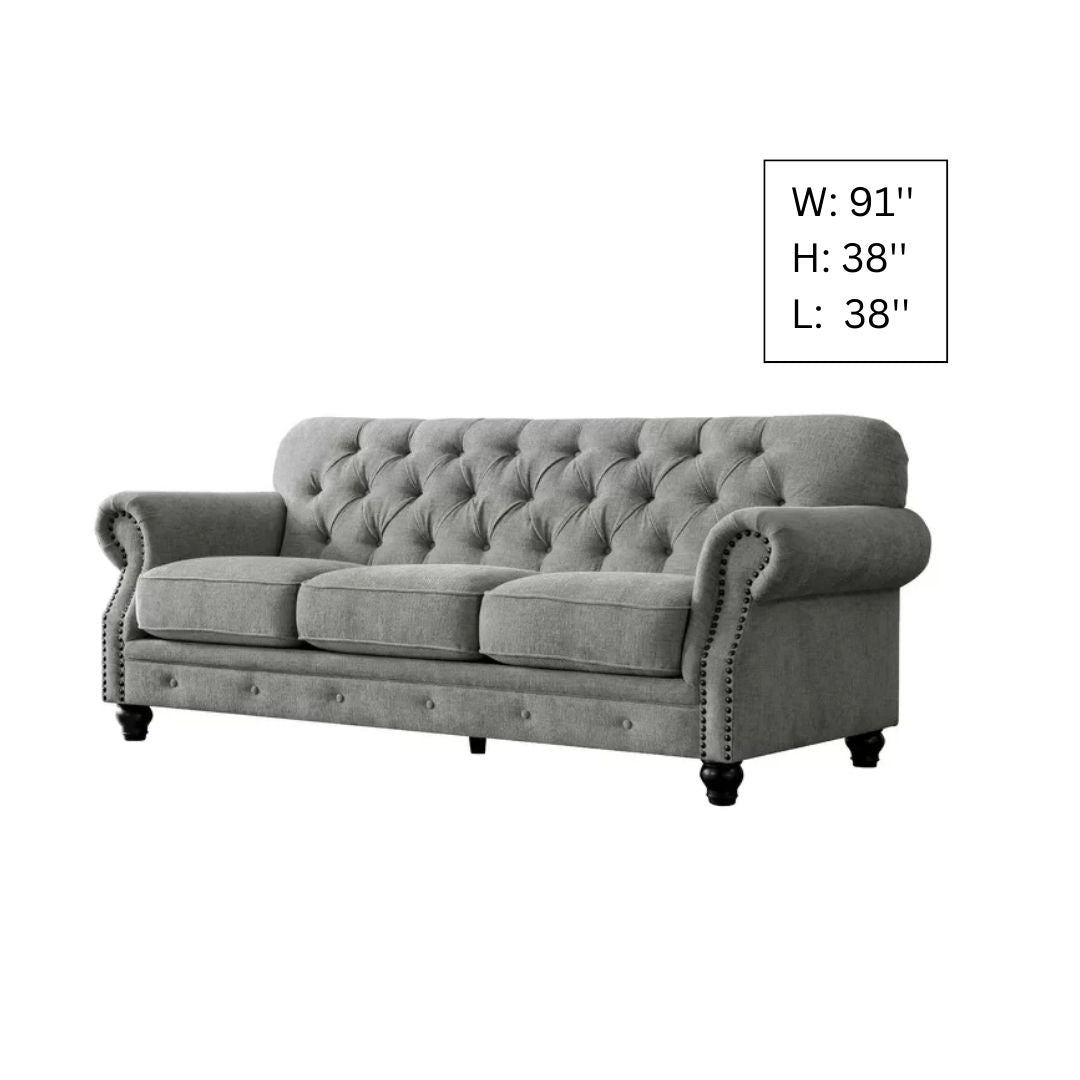 4 Seater Sofa Set:  91'' Chenille Rolled Arm Chesterfield Sofa