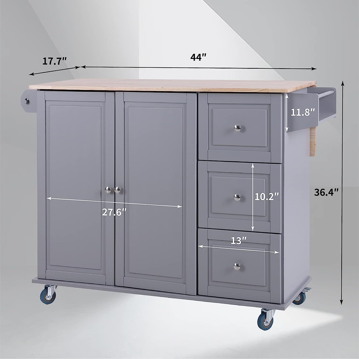 Kitchen Trolley: 44'' with Solid Wood Top and Locking Wheels