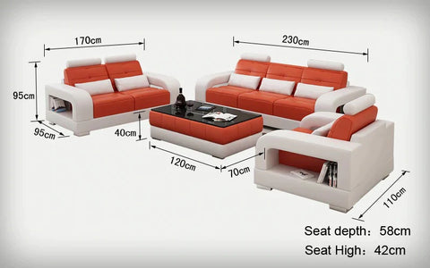 6 Seater sofa Set:- Spanish Leatherette 6 Seater Sofa Set with Table (White and Red)