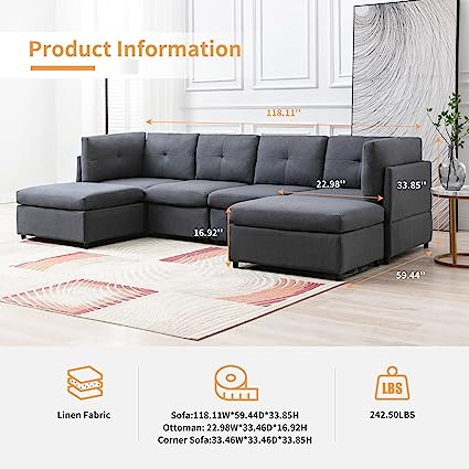 U Shape Sofa Set : 134" Wide Chenille Reversible Modular