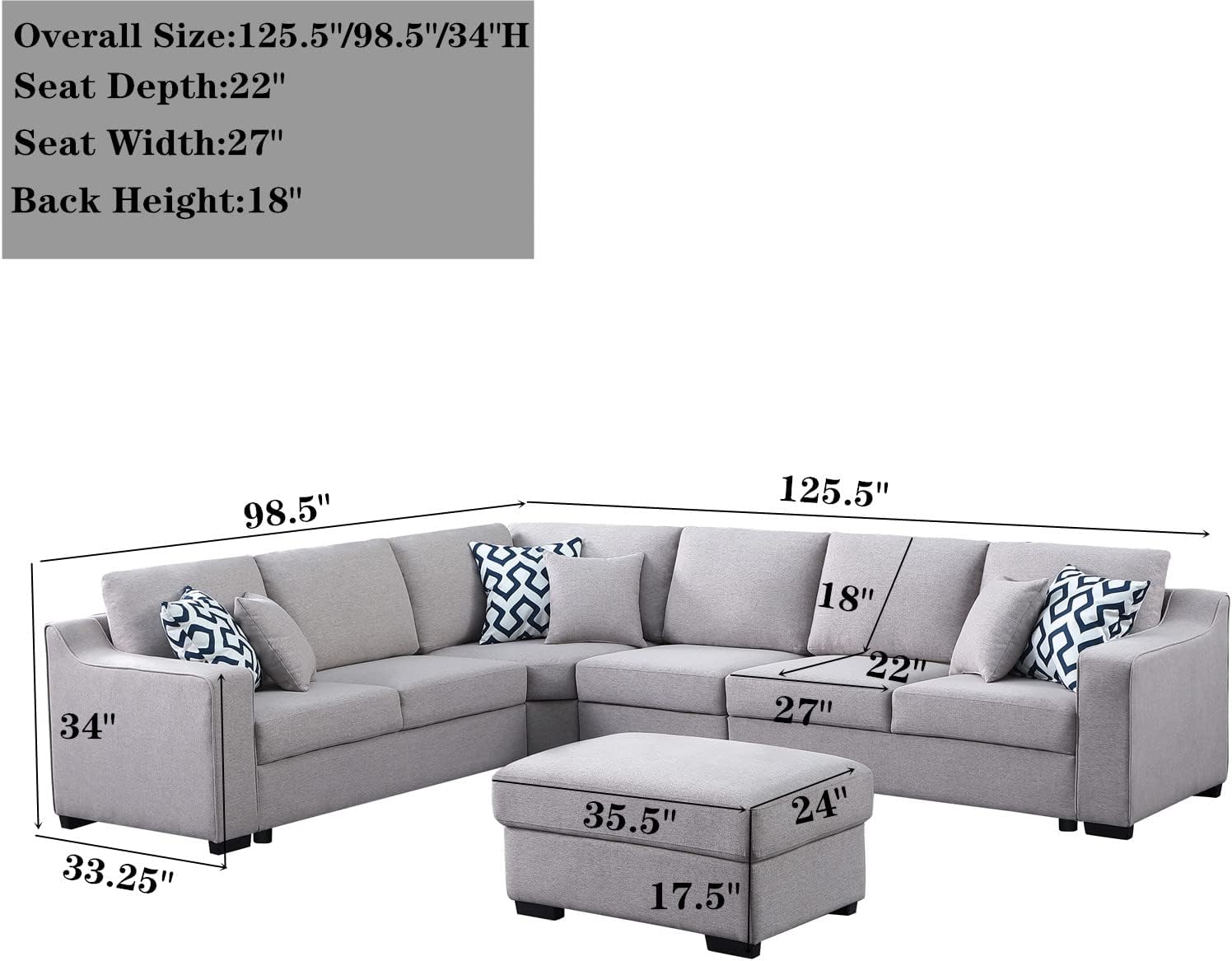 U Shape Sofa Set: 124" Wide Right Hand Facing 7 Seater Sofa Set