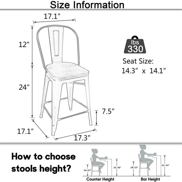 Bar Stool: Back Wooden Seat 24" Matte Black Bar Chairs