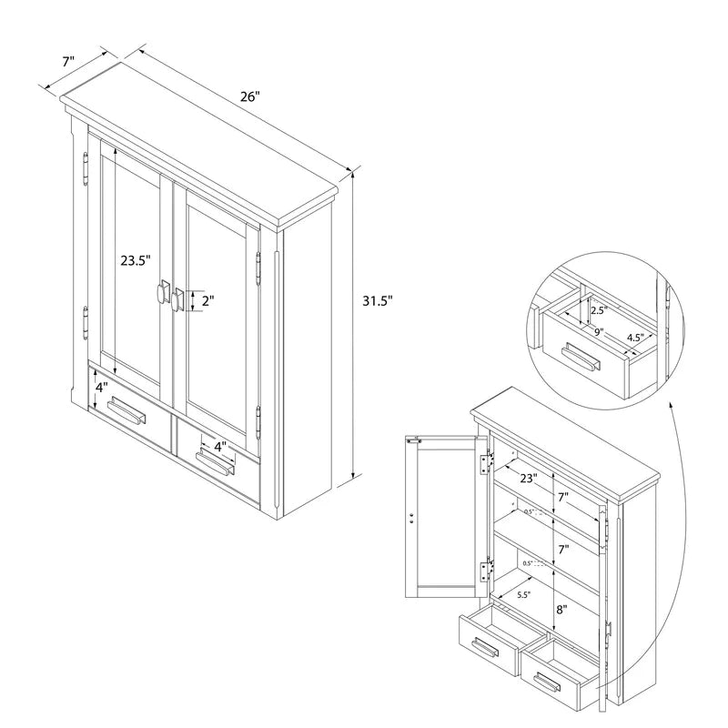 Bathroom Cabinets: 26'' W x 31.5'' H x 7'' D Wall Mounted Bathroom Cabinet