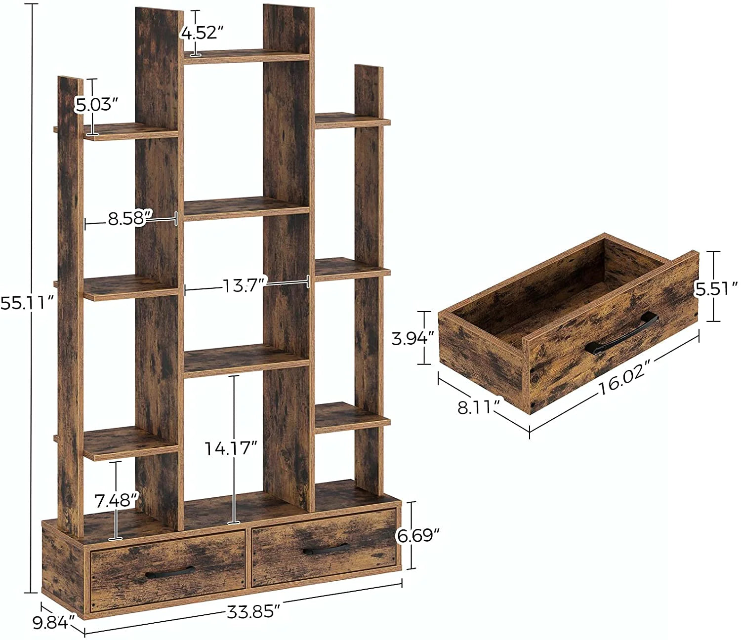 Bookshelf: Rustic Wooden Showcase Bookshelves with 2 Wooden Drawers