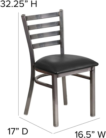 Cafe Chair: 19.5 in. Clear Coated Metal and Vinyl Ladder Back Restaurant Chair