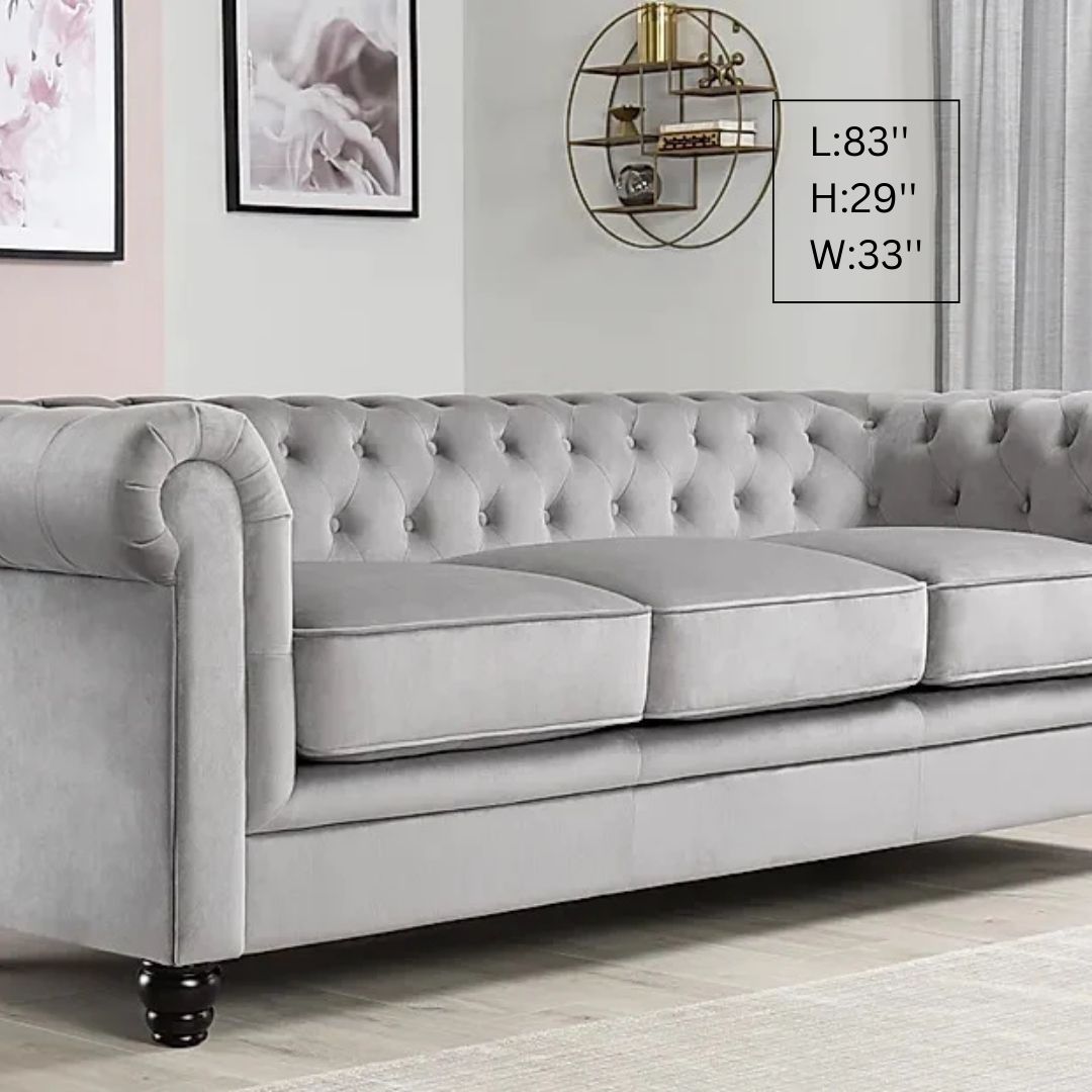 Chesterfield Sofa Set: Grey Velvet 3+2 Seater