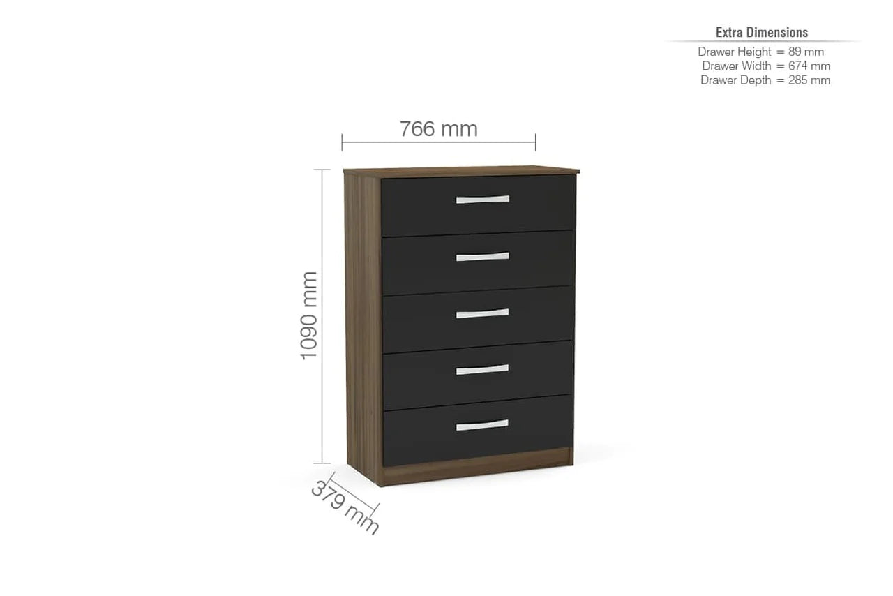 Chest of Drawers: Walnut and Black High Gloss 5 Drawer