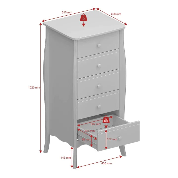Chest of Drawers: White Tall Narrow 5 Drawer Chest of Drawers
