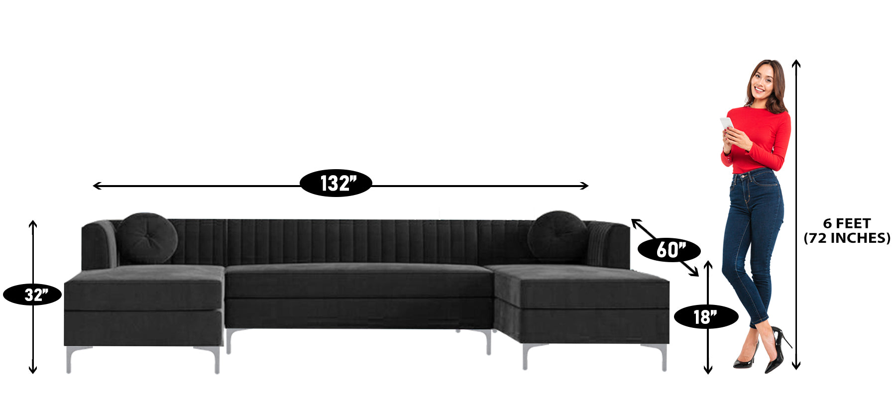 U Shape Sofa Set : 6 Seater 132" Wide Velvet Symmetrical Modular Sofa