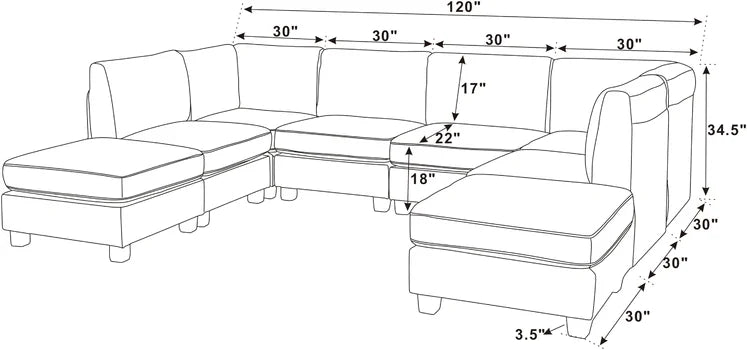 7 Seater Sofa Set: 120" Wide Velvet U Shape Sofa Set