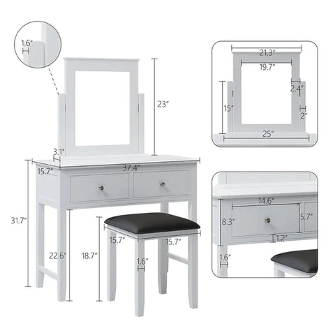 Dressing Table: 15.7'' Wide White Dressing Table Vanity Set with Stool and Mirror