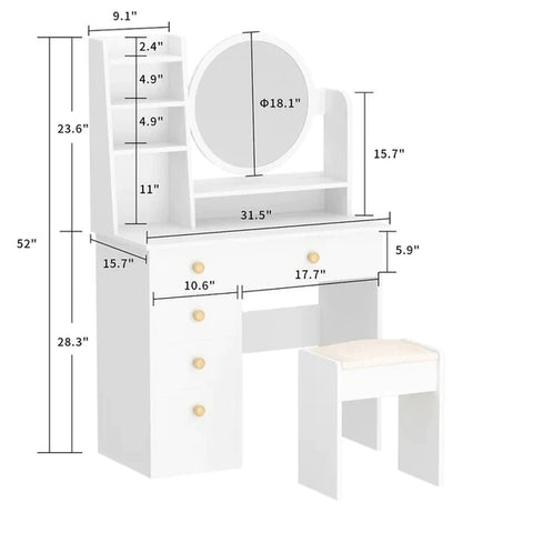 Dressing Table: 31.5'' Wide White Vanity Set with Stool and Mirror