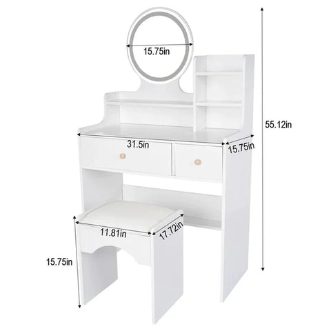 Dressing Table: 31'' Wide White Dressing Table Vanity Set with Stool and Mirror
