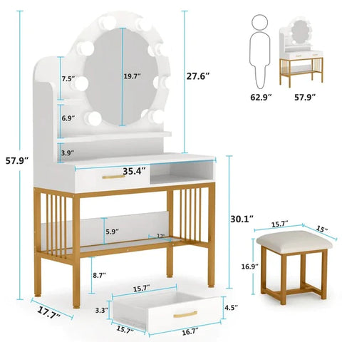 Dressing Table: 35.4'' Wide Vanity Set with Stool and Mirror