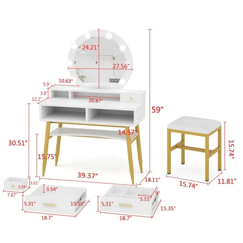 Dressing Table: 39.37'' Wide White Dressing Table Vanity Set with Stool and Mirror