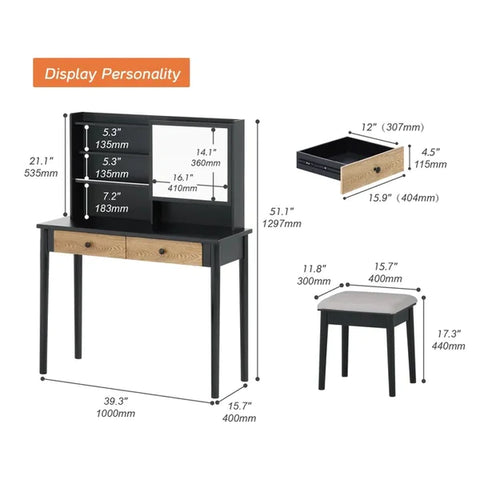 Dressing Table: 39.3'' Wide Vanity Set with Stool and Mirror