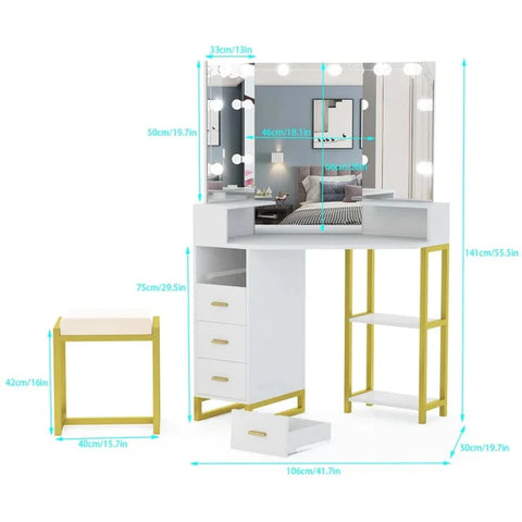 Dressing Table: 41.7'' Wide White Vanity Set with Stool and Mirror