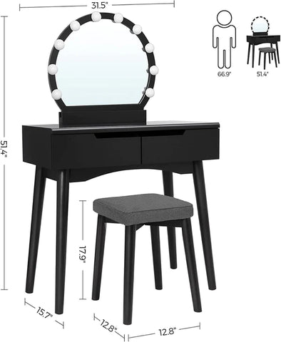 Dressing Table: Makeup Table Desk with Large Round Mirror, 2 Sliding Drawers, 1 Cushioned Stool for Bedroom, Bathroom( Black)