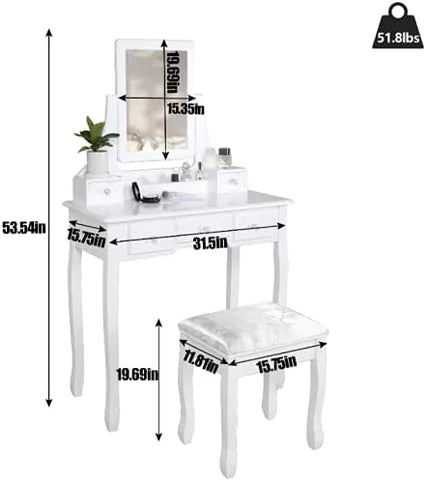 Dressing Table : Makeup White Vanity Set & Cushioned Stool with 5 Drawers