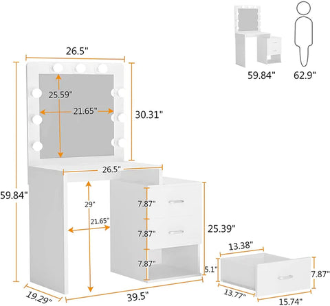 Dressing Table : Makeup Table with 3 Storage Drawers, White Vanity Set