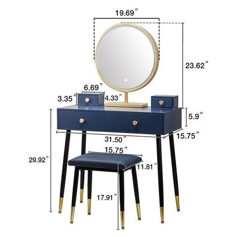 Dressing Table : Modern Blue Dressing Table with 4 Drawer & Cushion Stool