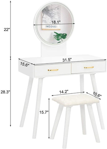 Dressing Table : Round Mirror White Dressing Table with Sliding Drawers & Cushioned Stool