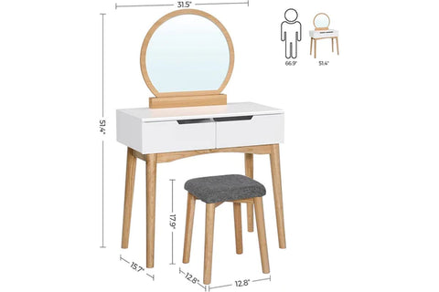 Dressing Table : Rounded Mirror with 2 Drawers & WhitecVanity Set with Upholstered Stool