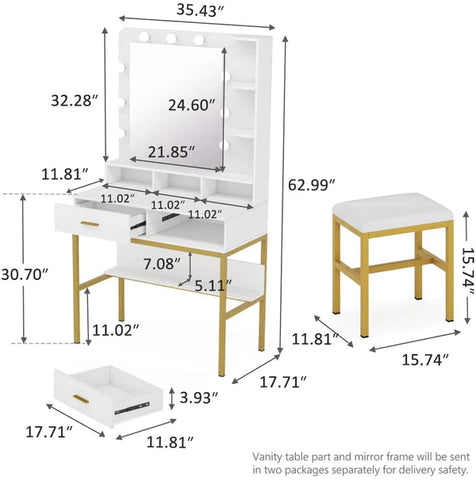 Dressing Table: Storage Shelves for Bedroom, Gold, White Vanity Set for Women Girls