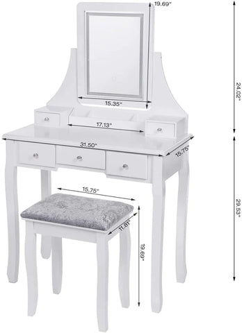 Dressing Table : White Makeup Vanity Set Table with 5 Drawers