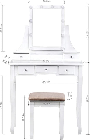 Dressing Table: Warm White Dressing Table with 10 Lights and 5 Drawers