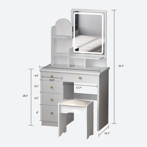 Dressing Table: White Dressing Table with 5 Drawers & Lighted Mirror