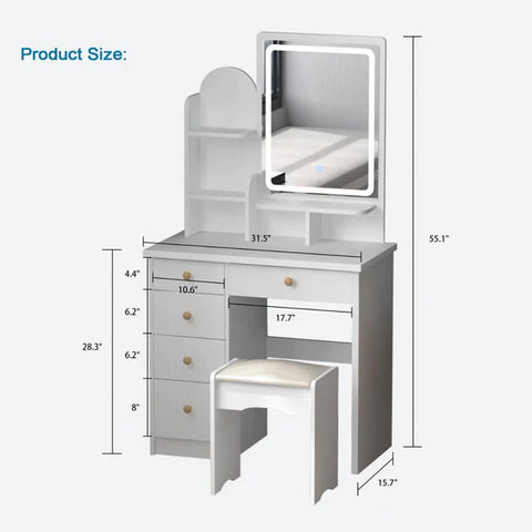 Dressing Table: Wood Makeup White Dressing Table with Cushioned Stool