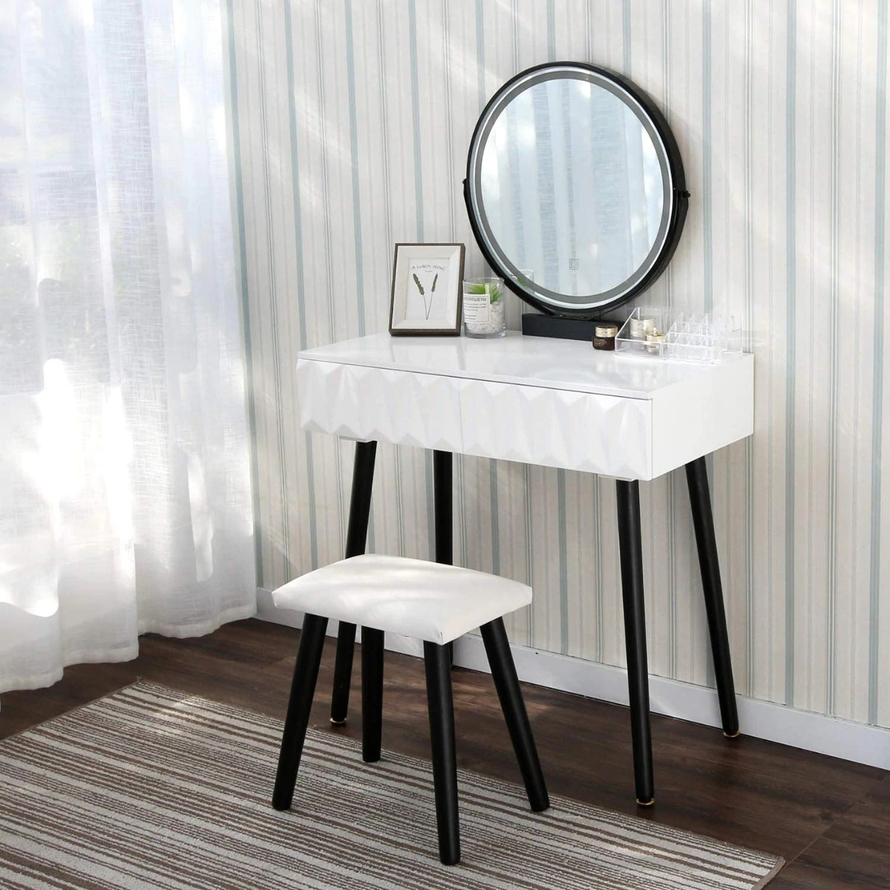 Vanity Makeup Dressing Table Stool Set w/4 Drawers& Mirrors Wood Desk White  | eBay