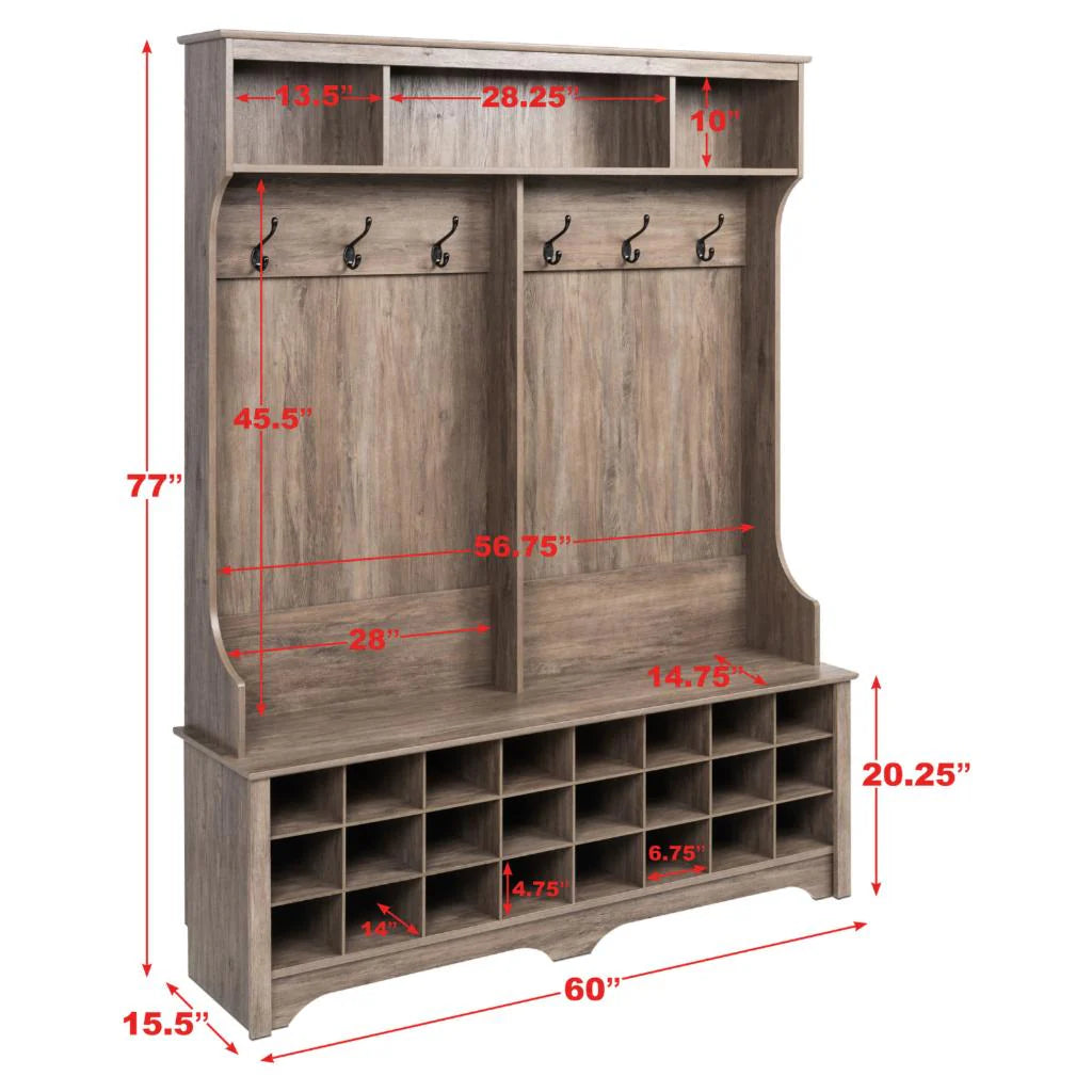 Hall Trees: 60 in. Wide Wooden Showcase Hall Tree