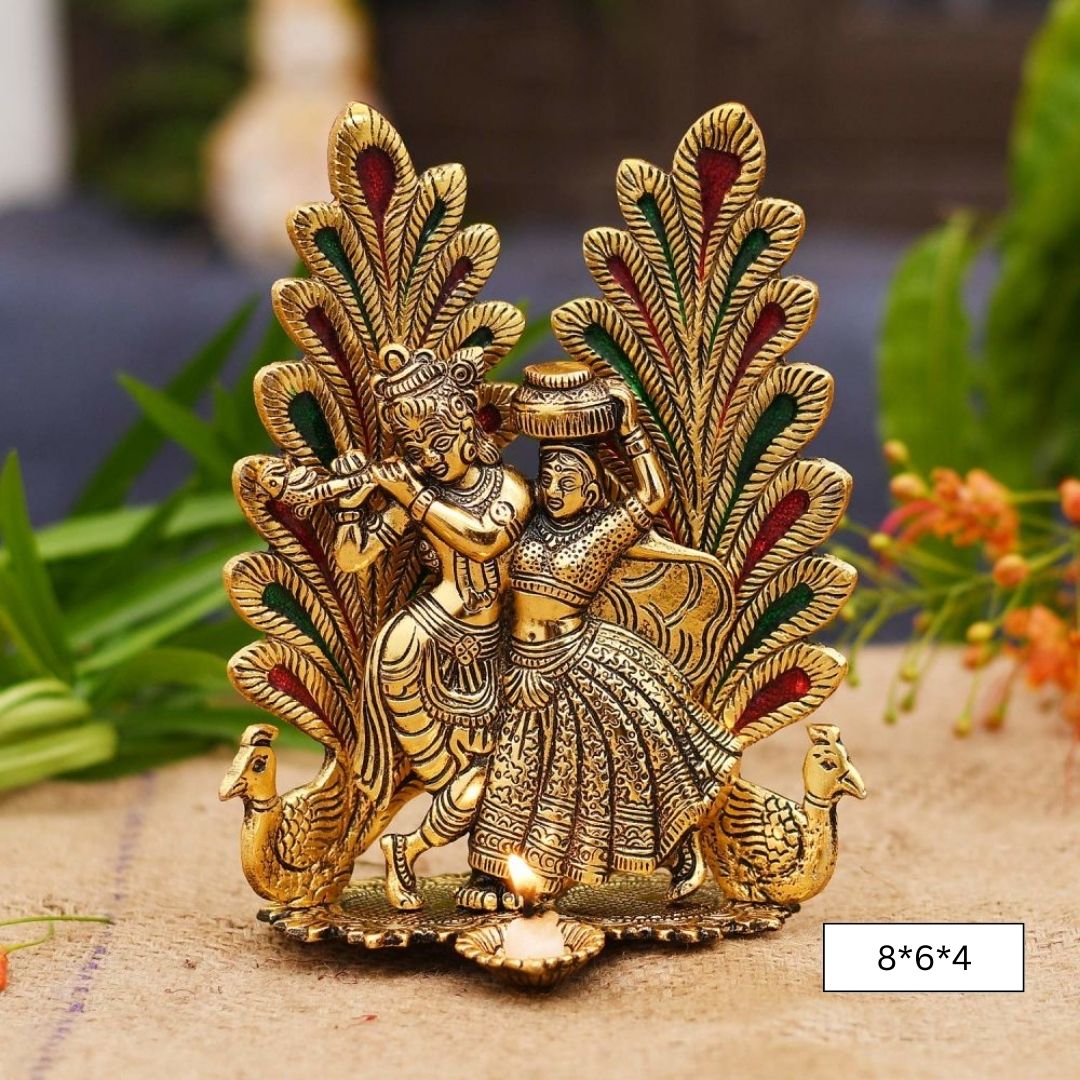 Home Decor Gold Plated Peacock Design Radha Krishan Idol Statue with Diya