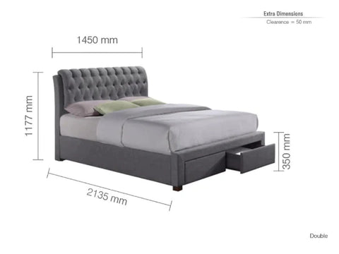 King Size Bed: Grey Fabric 2 Drawer King Size Bed With Storage