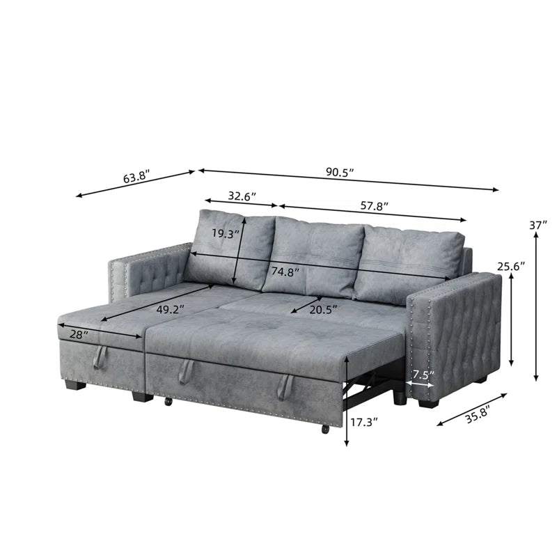 L Shape Sofa Cum Bed: 90.5'' Upholstered Sofa Bed