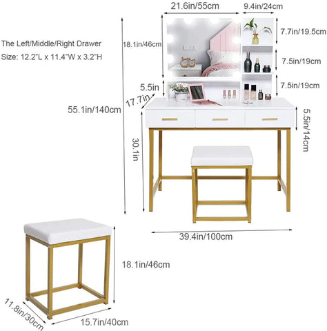 Dressing Table : White Vanity Set with 10 LEDs Lighted Mirror & Makeup Table with Padded Cushioned Stool