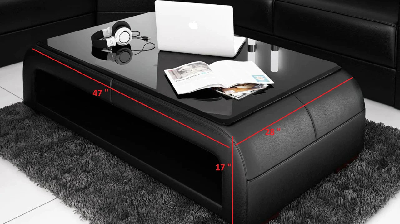 Leatherette Coffee Table: Contemporary Black Leatherette Coffee Table W/Black Glass Table Top